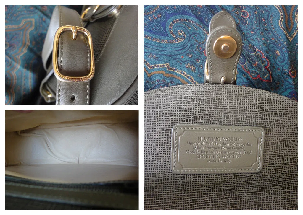 Vintage Hunting World khaki genuine leather shoulder purse with iconic gold tone elephant logo charm at front