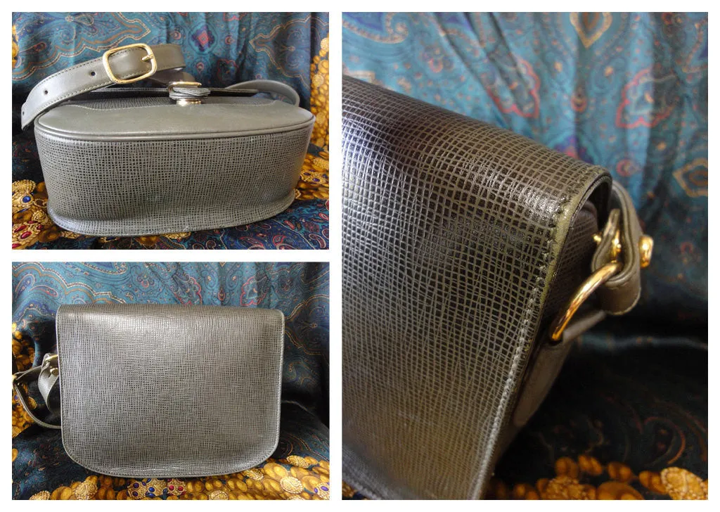 Vintage Hunting World khaki genuine leather shoulder purse with iconic gold tone elephant logo charm at front