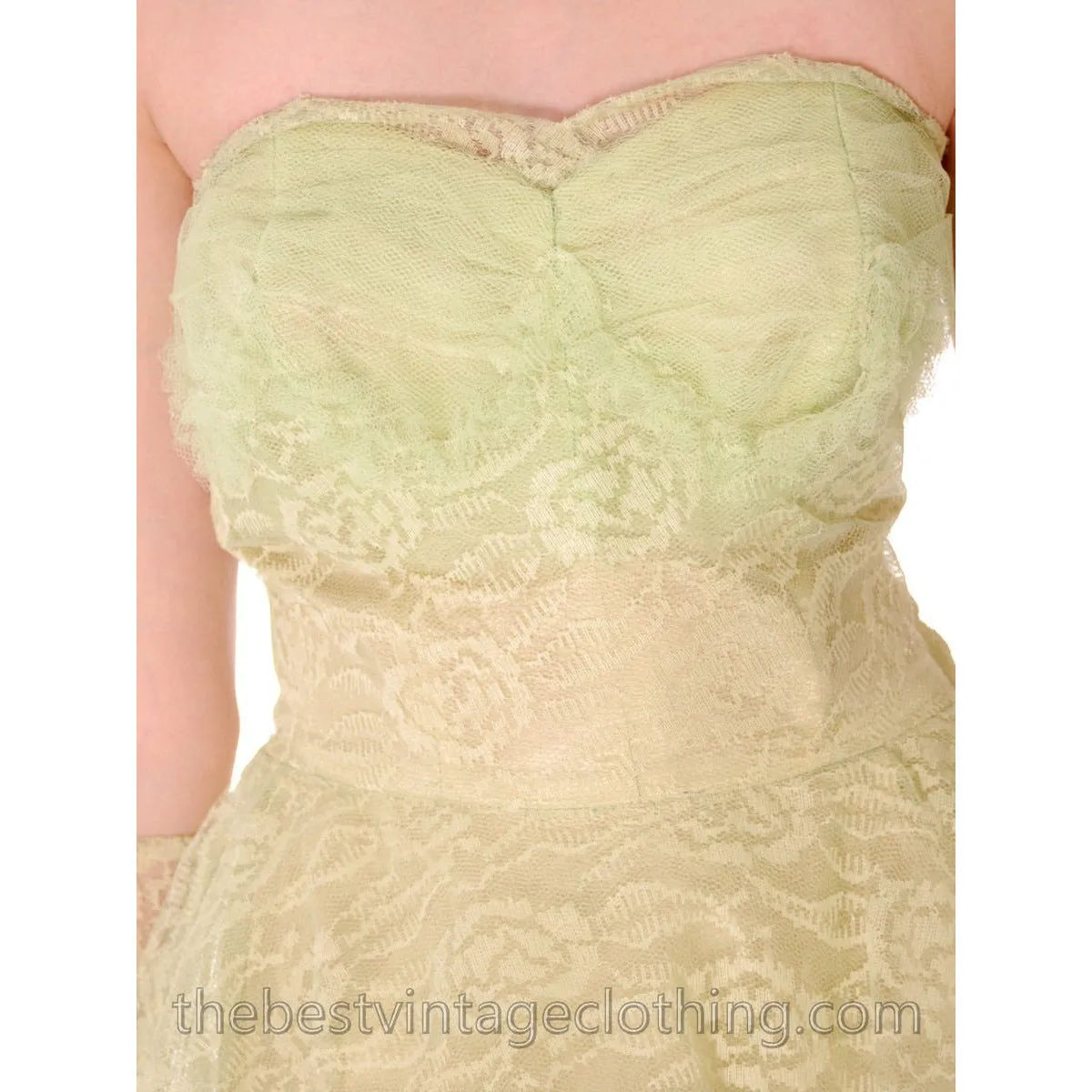 Vtg 1950s  Strapless Pale Green Tulle w Wristlets Prom Party Evening Gown Dress S 32-25-Free