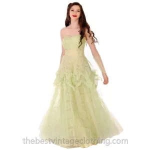 Vtg 1950s  Strapless Pale Green Tulle w Wristlets Prom Party Evening Gown Dress S 32-25-Free
