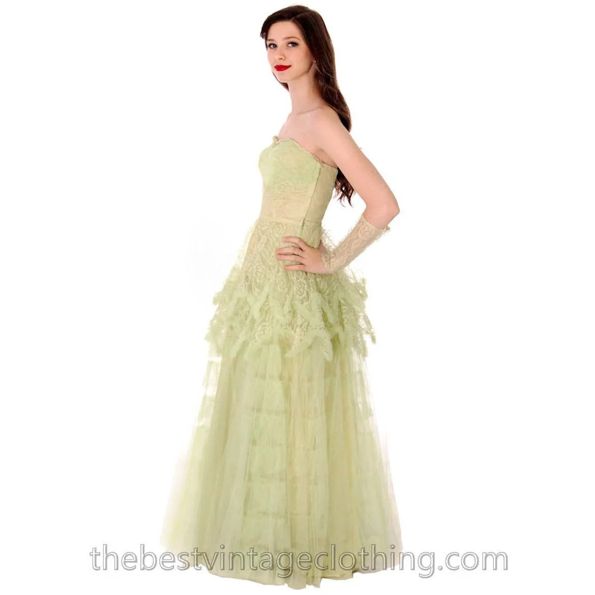 Vtg 1950s  Strapless Pale Green Tulle w Wristlets Prom Party Evening Gown Dress S 32-25-Free