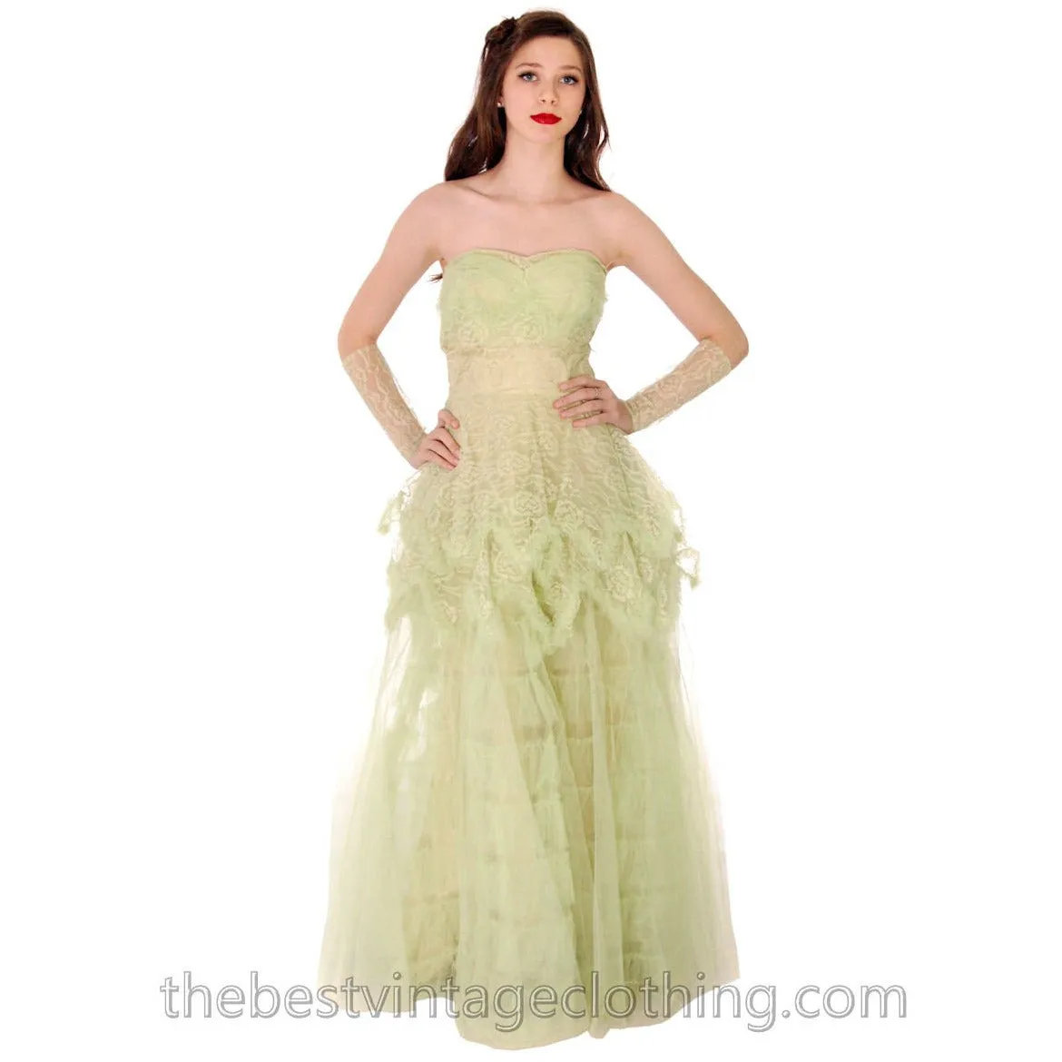 Vtg 1950s  Strapless Pale Green Tulle w Wristlets Prom Party Evening Gown Dress S 32-25-Free