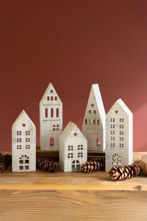 White-Washed Wooden Christmas Village Set of 5