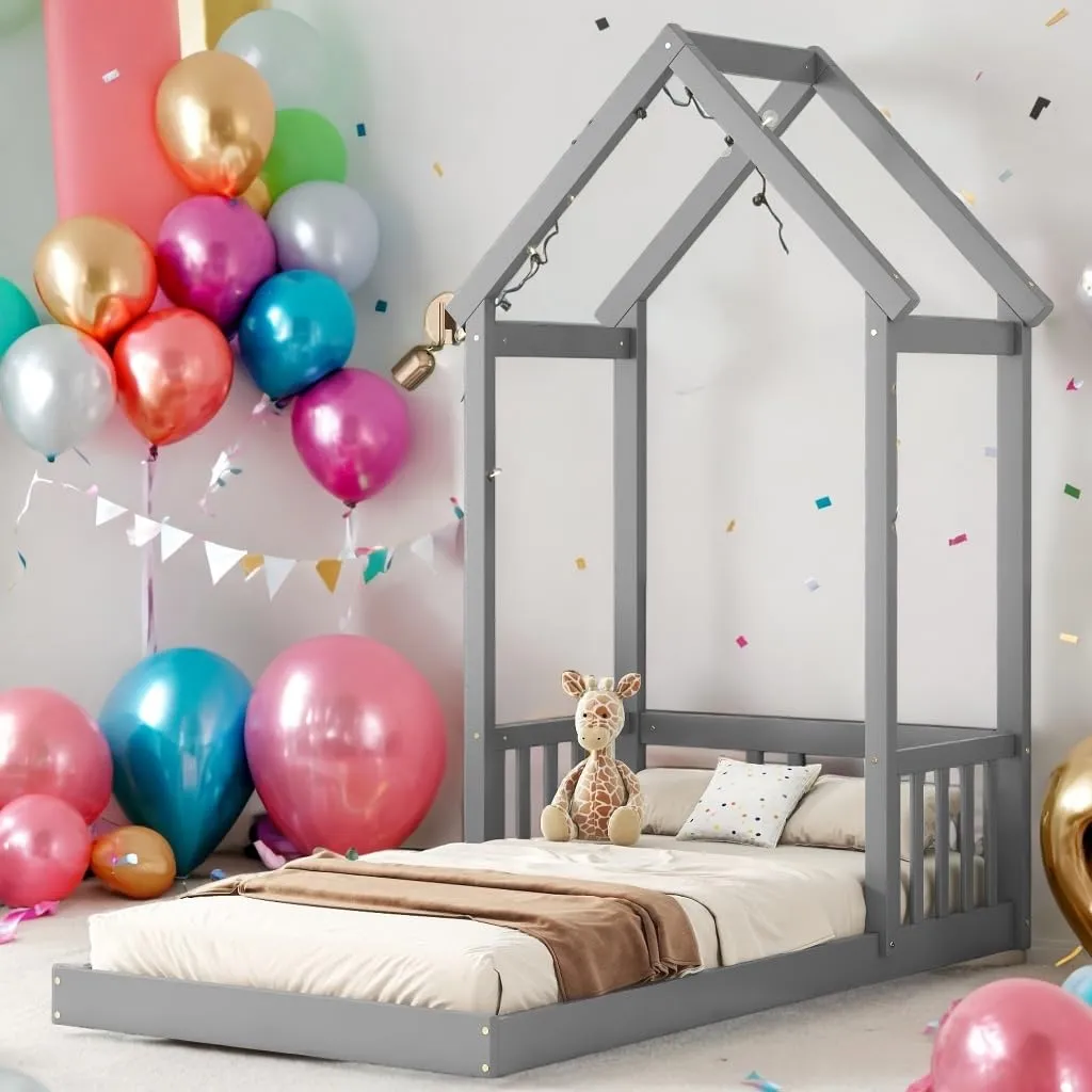 win Size Bed Kids House Frame Floor Wooden Grey Modern Contemporary