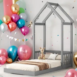 win Size Bed Kids House Frame Floor Wooden Grey Modern Contemporary