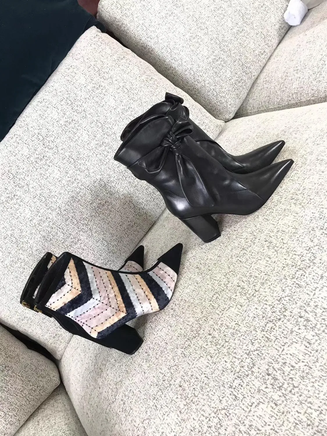 woman female colorblocked velvet high heel ankle boots booties
