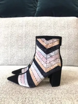 woman female colorblocked velvet high heel ankle boots booties