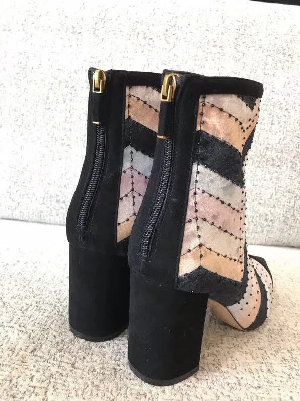 woman female colorblocked velvet high heel ankle boots booties