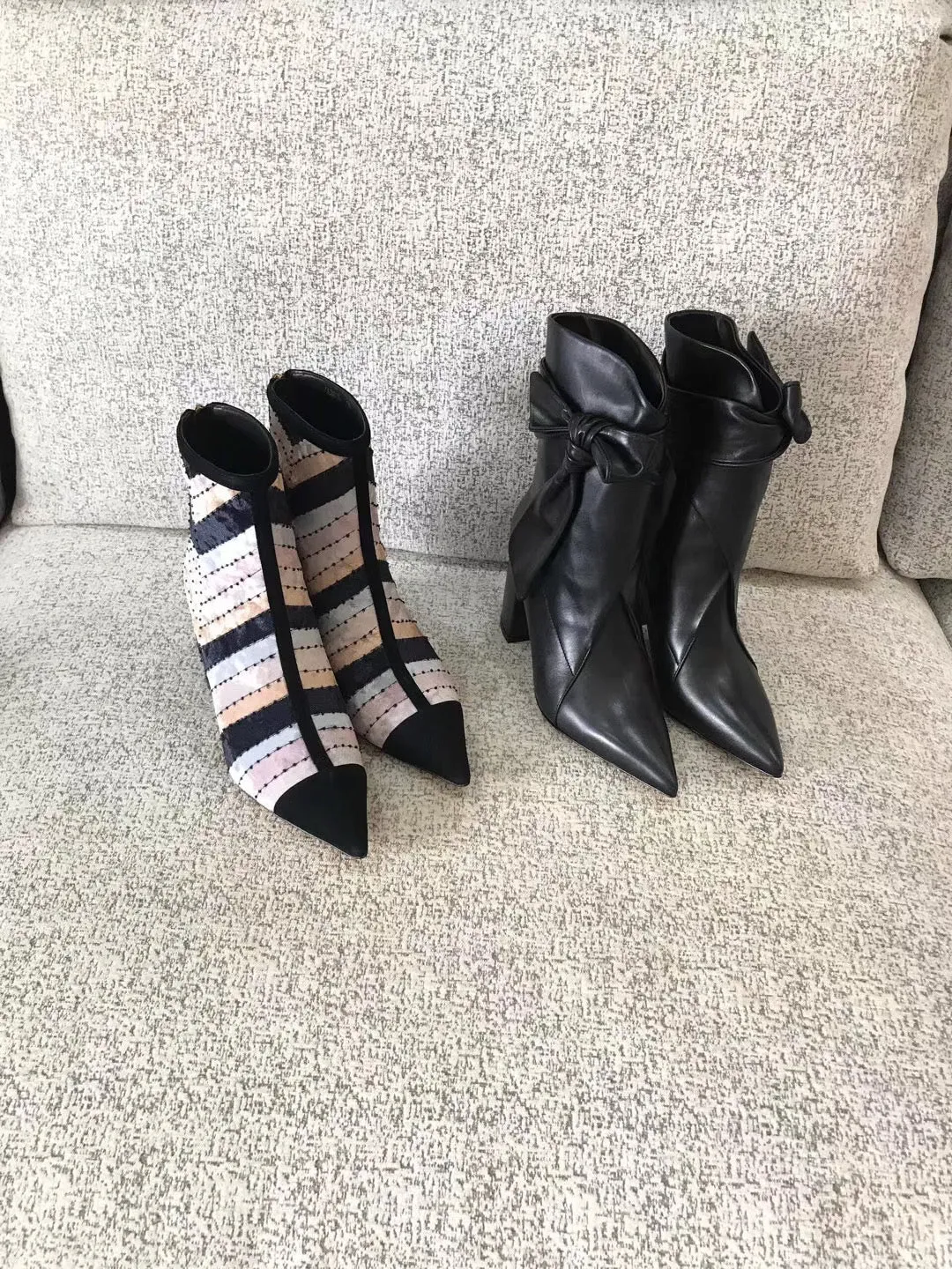woman female colorblocked velvet high heel ankle boots booties