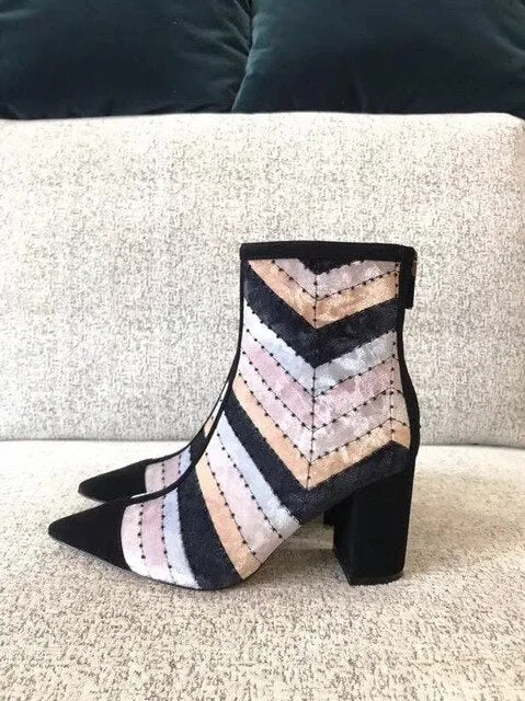 woman female colorblocked velvet high heel ankle boots booties