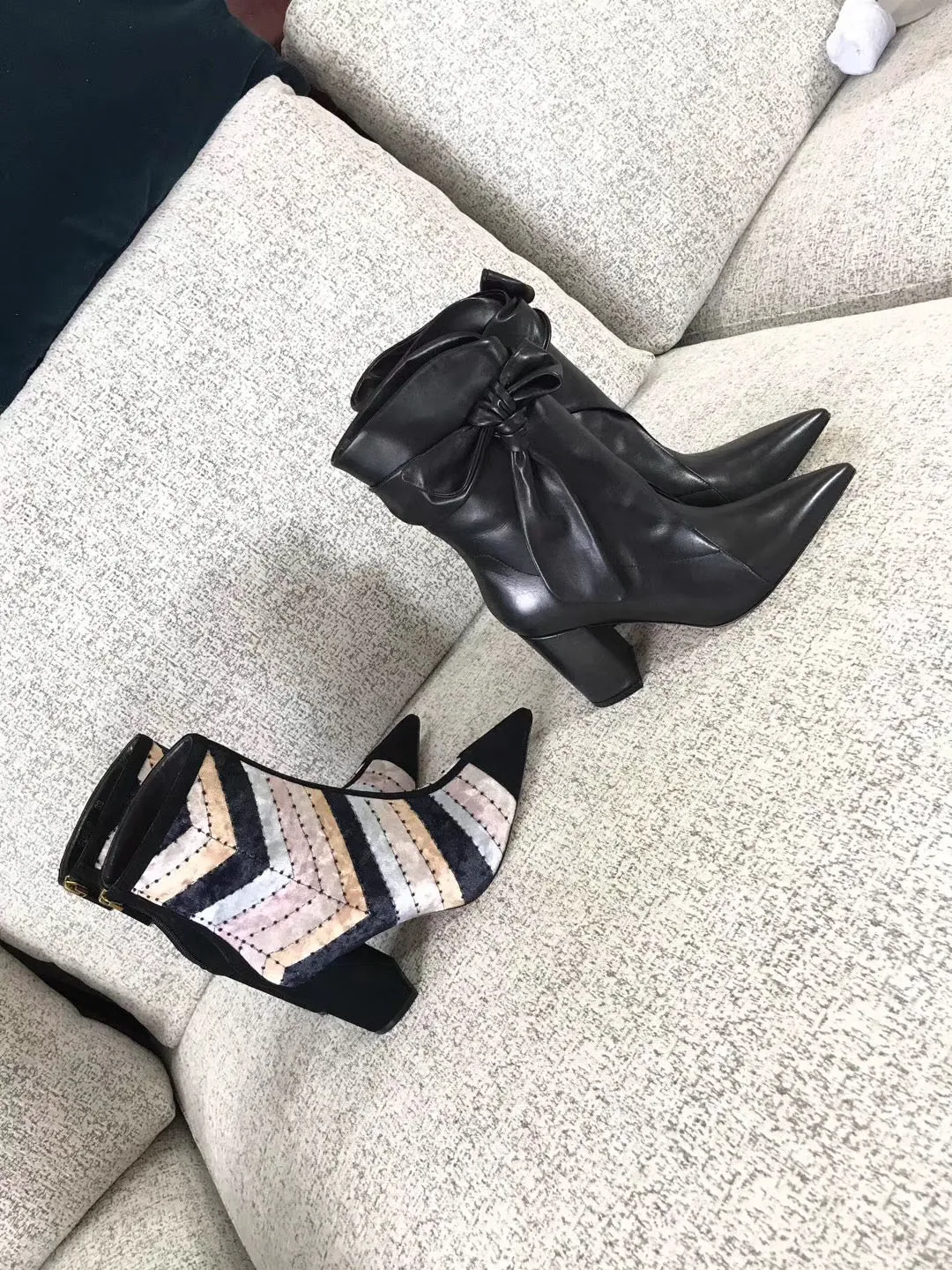 woman female colorblocked velvet high heel ankle boots booties