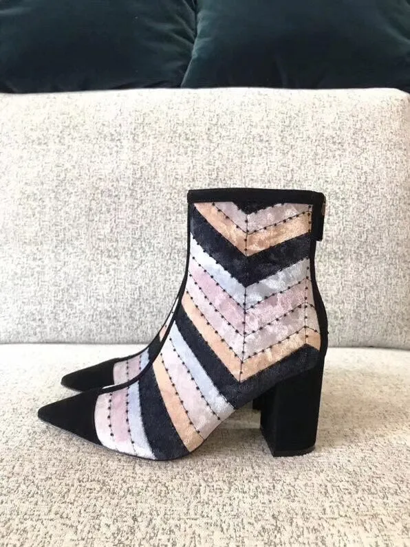woman female colorblocked velvet high heel ankle boots booties