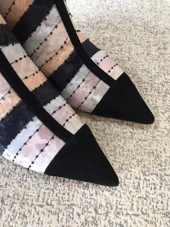 woman female colorblocked velvet high heel ankle boots booties