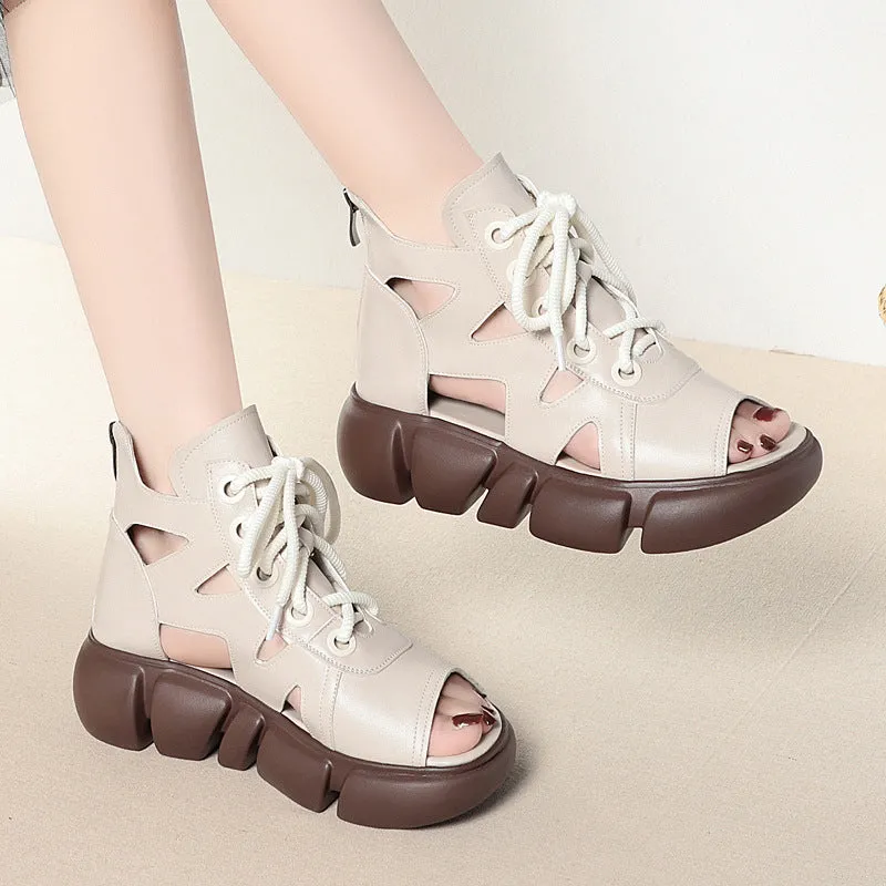 Women Summer Lace Up Platform Peep-Toe Wedge Sandals