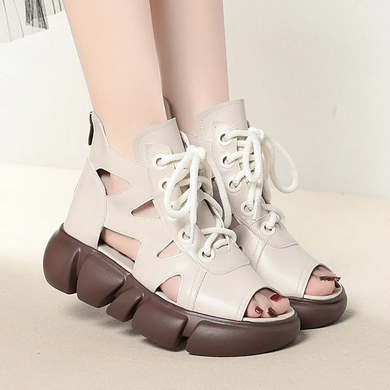 Women Summer Lace Up Platform Peep-Toe Wedge Sandals