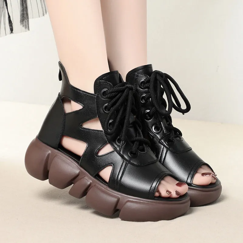 Women Summer Lace Up Platform Peep-Toe Wedge Sandals
