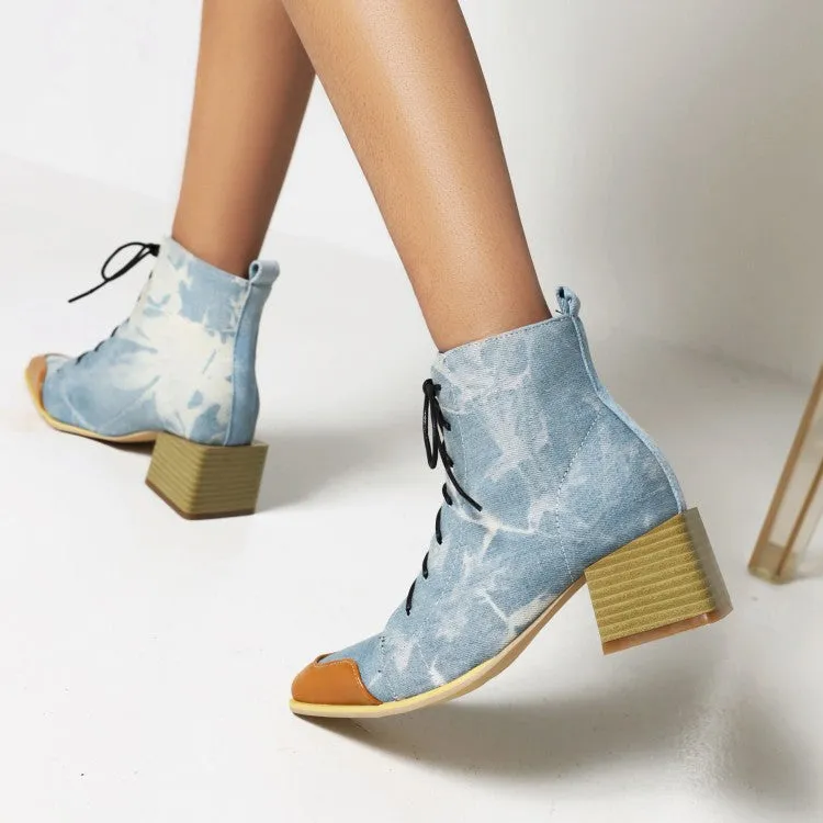 Women's Bicolor Lace Up Block Low Heel Short Boots