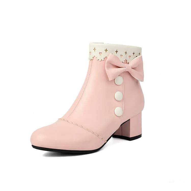 Women's Bowties Round Toe Block Heel Ankle Boots
