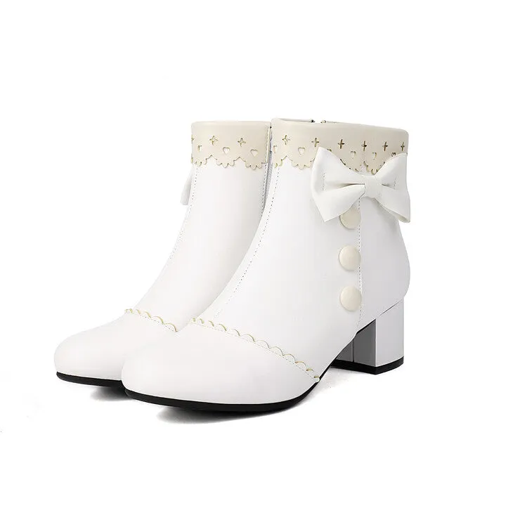 Women's Bowties Round Toe Block Heel Ankle Boots