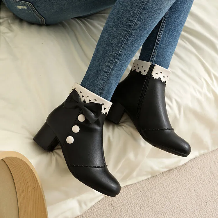 Women's Bowties Round Toe Block Heel Ankle Boots