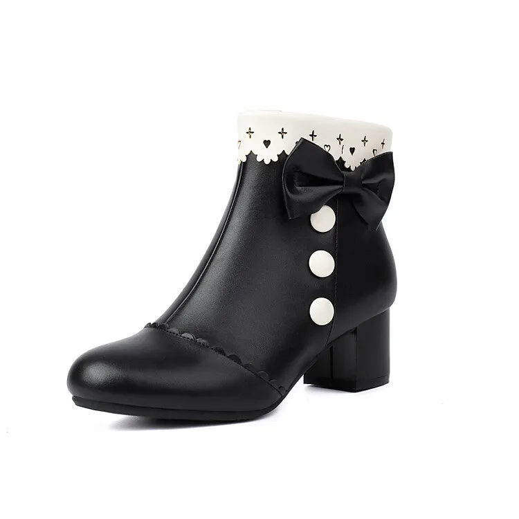 Women's Bowties Round Toe Block Heel Ankle Boots