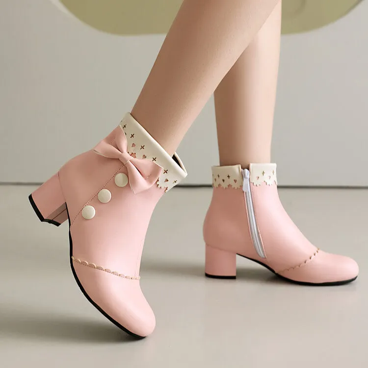 Women's Bowties Round Toe Block Heel Ankle Boots