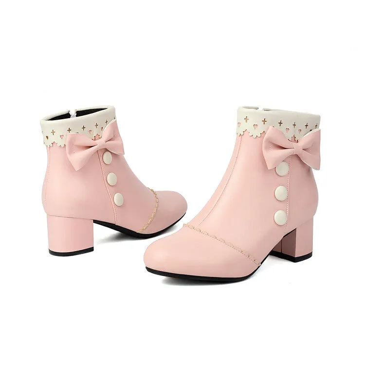 Women's Bowties Round Toe Block Heel Ankle Boots