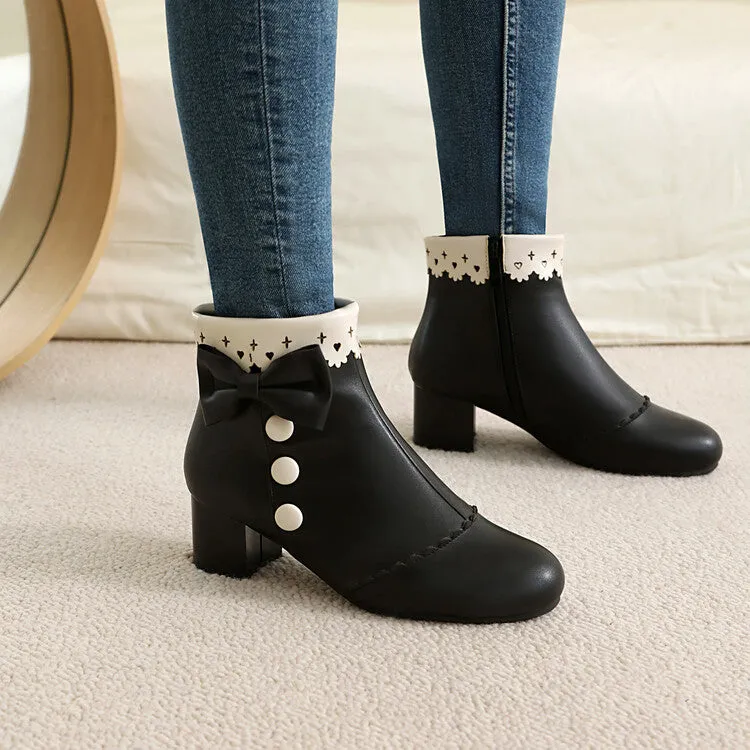 Women's Bowties Round Toe Block Heel Ankle Boots