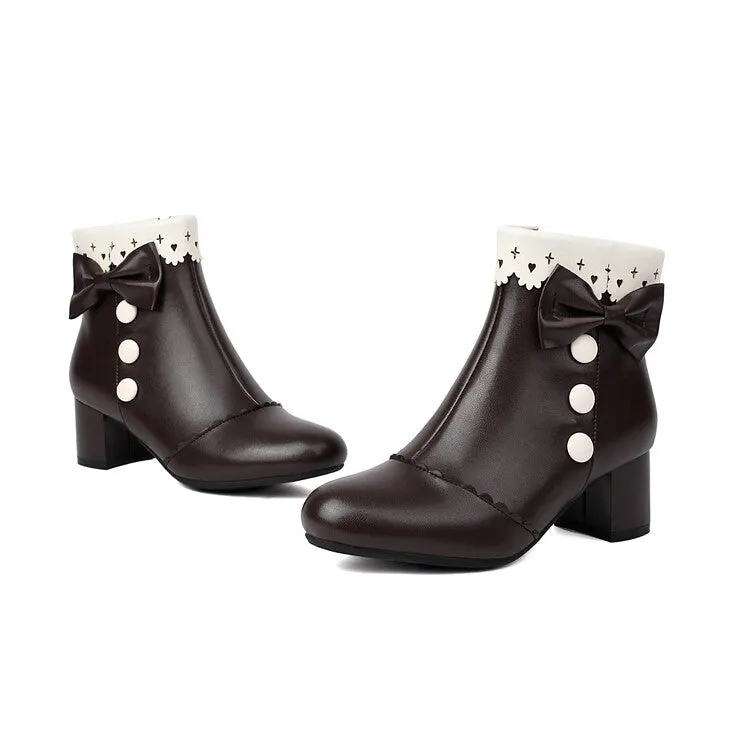 Women's Bowties Round Toe Block Heel Ankle Boots