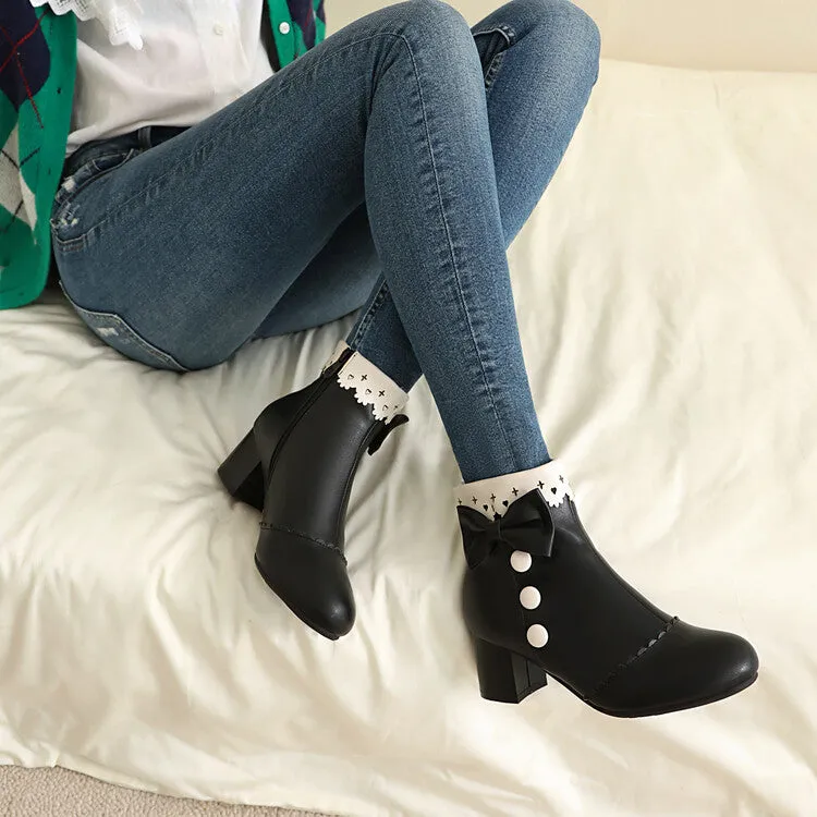 Women's Bowties Round Toe Block Heel Ankle Boots