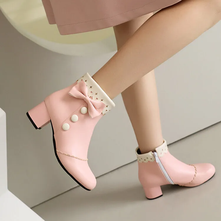 Women's Bowties Round Toe Block Heel Ankle Boots