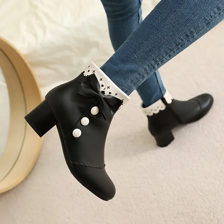 Women's Bowties Round Toe Block Heel Ankle Boots