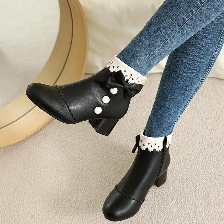 Women's Bowties Round Toe Block Heel Ankle Boots