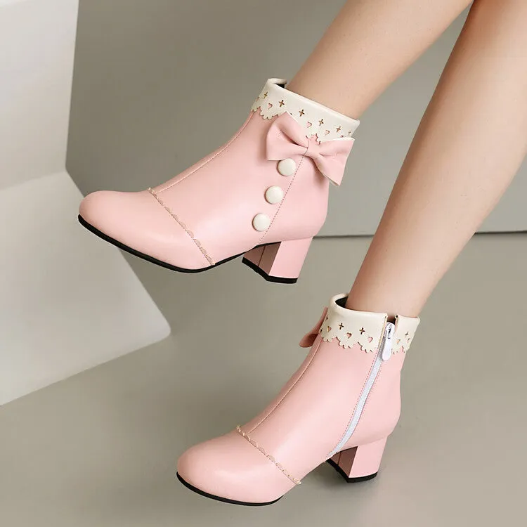 Women's Bowties Round Toe Block Heel Ankle Boots
