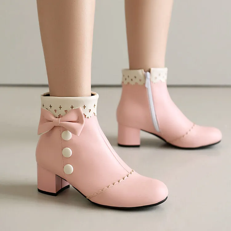 Women's Bowties Round Toe Block Heel Ankle Boots