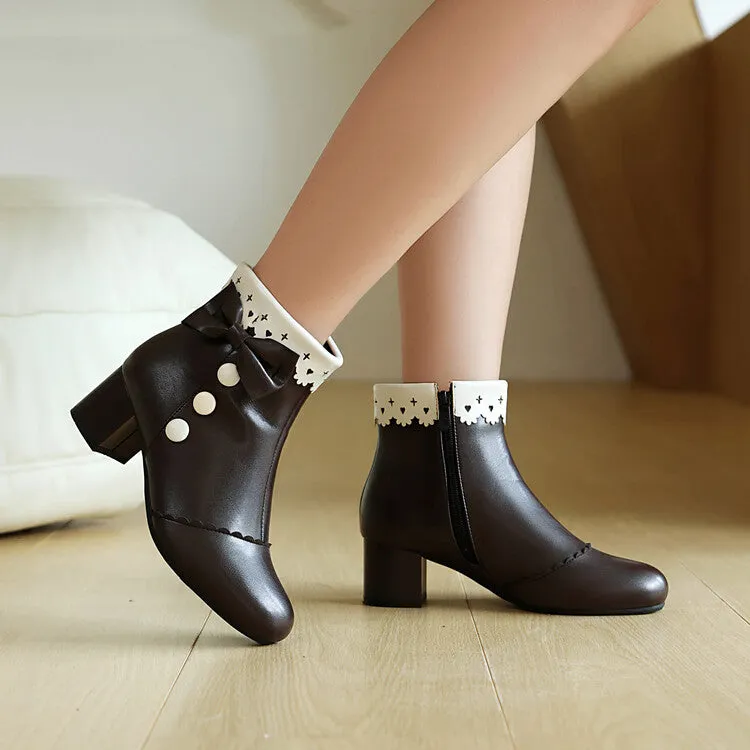 Women's Bowties Round Toe Block Heel Ankle Boots