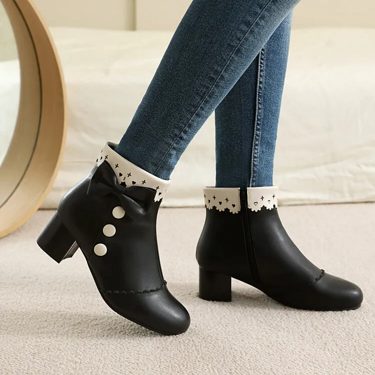 Women's Bowties Round Toe Block Heel Ankle Boots