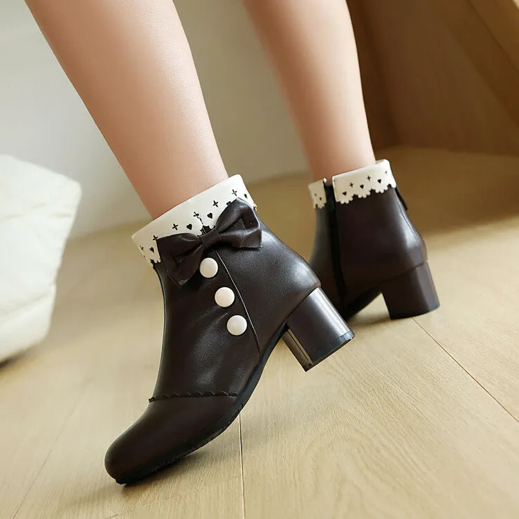 Women's Bowties Round Toe Block Heel Ankle Boots