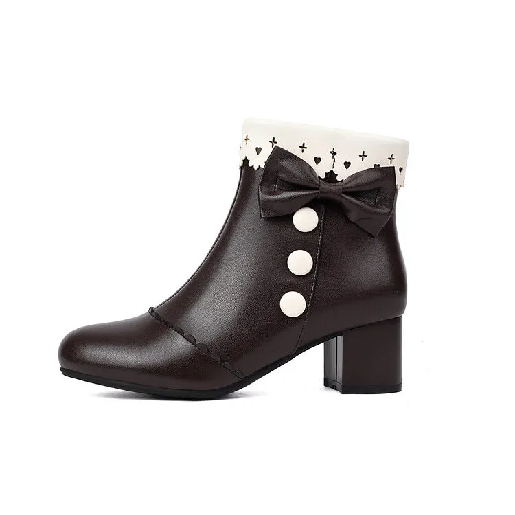 Women's Bowties Round Toe Block Heel Ankle Boots