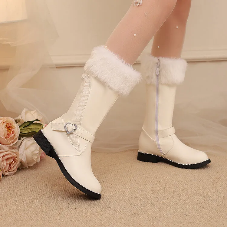Women's Buckle Strap Round Toe Flat Mid Calf Boots