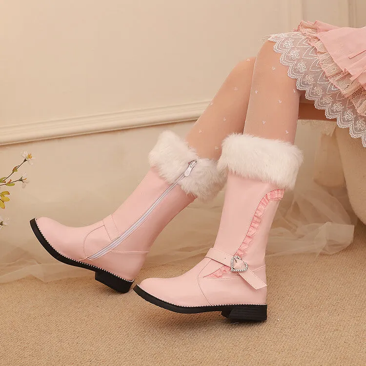 Women's Buckle Strap Round Toe Flat Mid Calf Boots