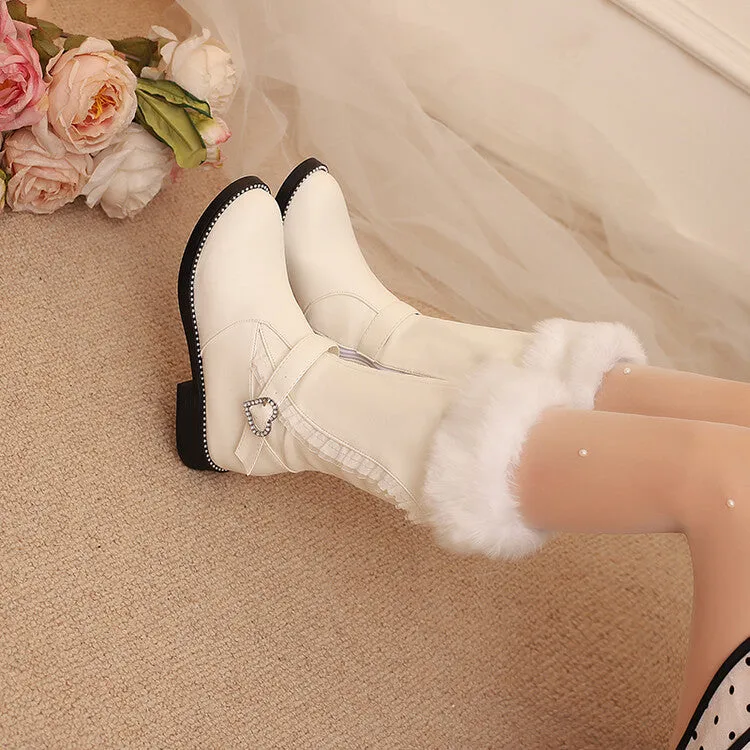 Women's Buckle Strap Round Toe Flat Mid Calf Boots