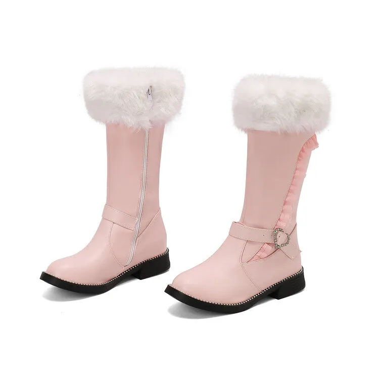 Women's Buckle Strap Round Toe Flat Mid Calf Boots