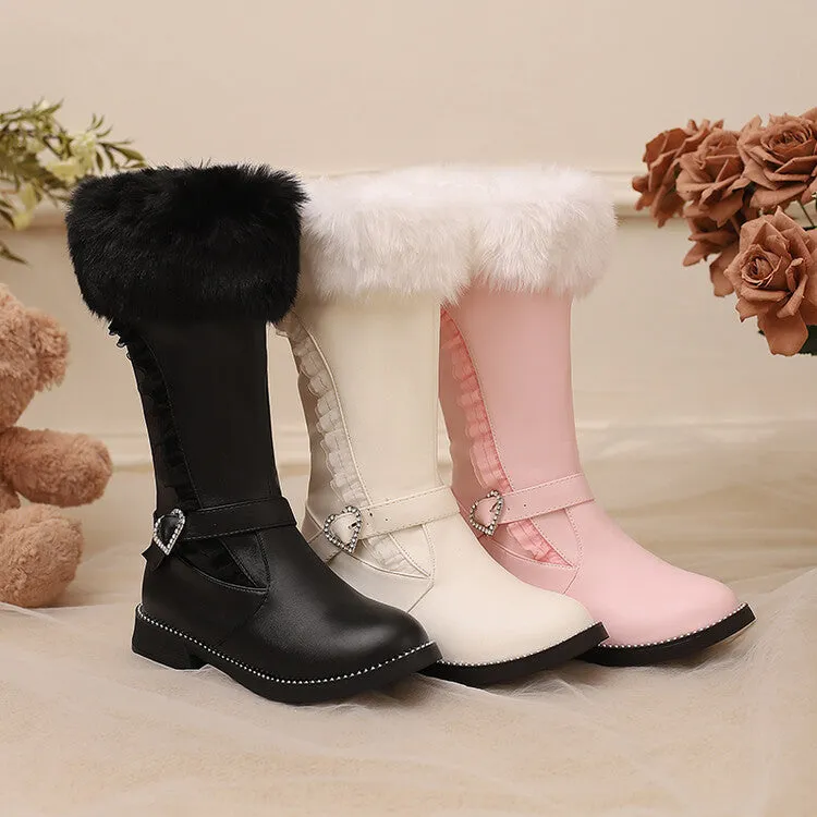 Women's Buckle Strap Round Toe Flat Mid Calf Boots