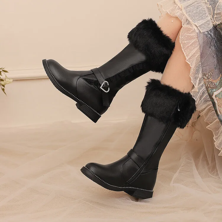 Women's Buckle Strap Round Toe Flat Mid Calf Boots
