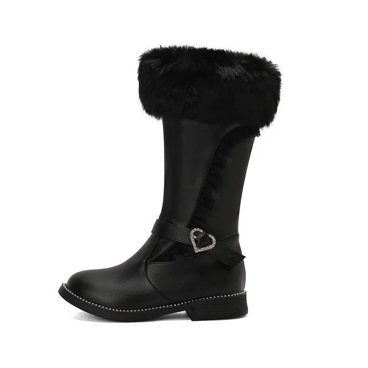 Women's Buckle Strap Round Toe Flat Mid Calf Boots