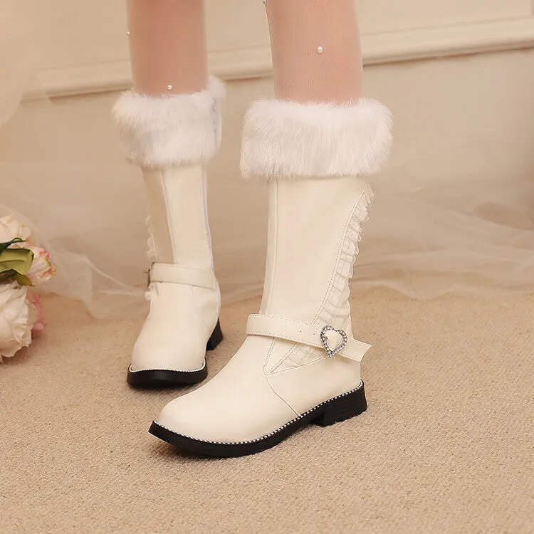 Women's Buckle Strap Round Toe Flat Mid Calf Boots