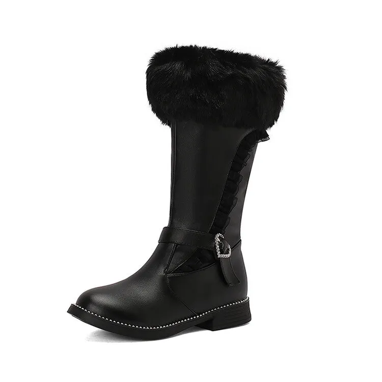 Women's Buckle Strap Round Toe Flat Mid Calf Boots