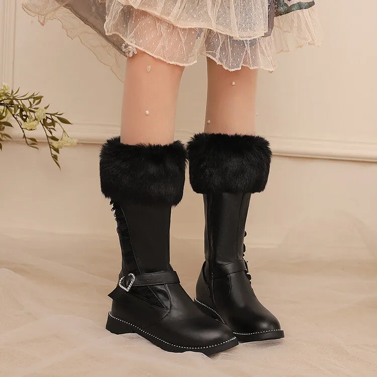 Women's Buckle Strap Round Toe Flat Mid Calf Boots