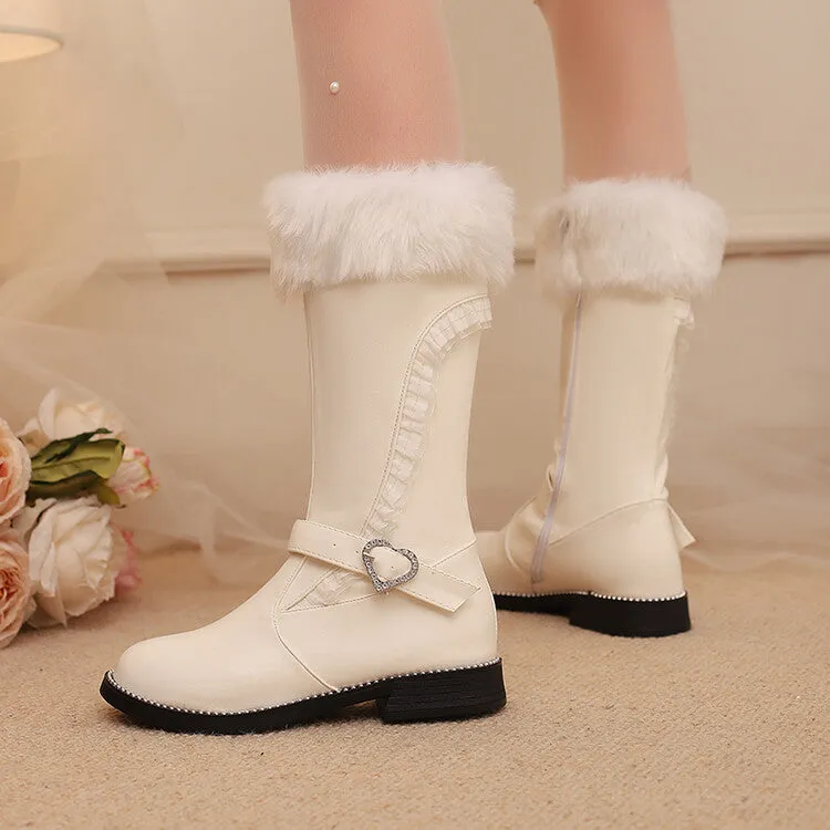 Women's Buckle Strap Round Toe Flat Mid Calf Boots